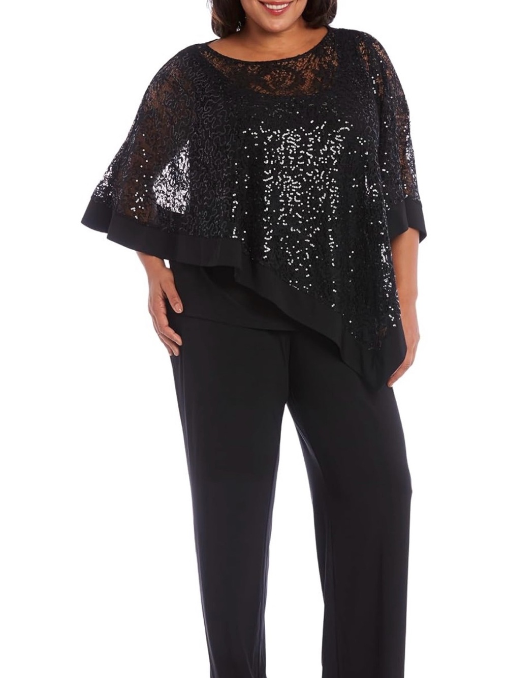 R&M Richards Black Sequin Lace Poncho Jumpsuit